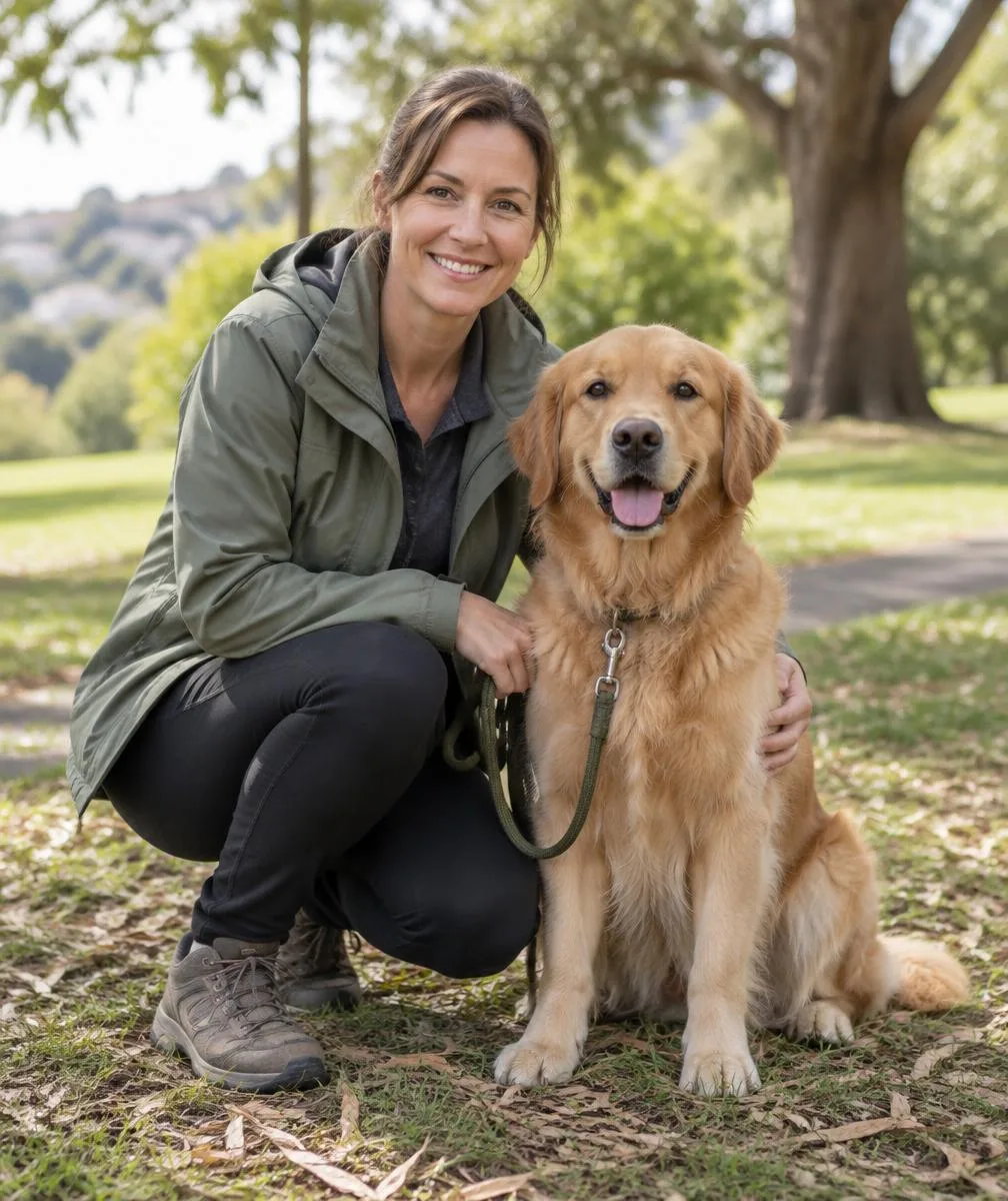 Sophie Bennett, the dog walker behind Meadow & Lead, beside a relaxed golden retriever
