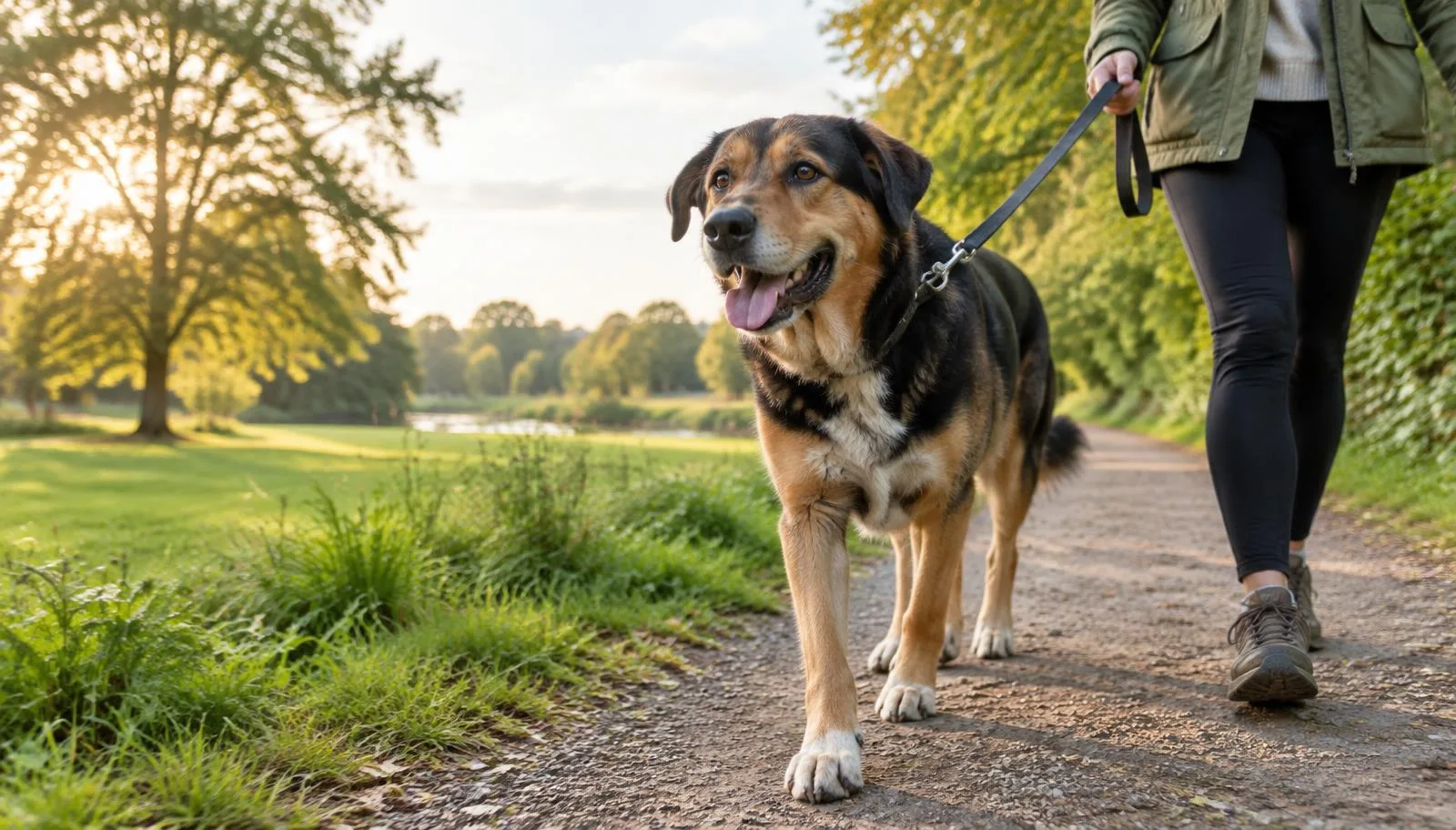 Happy mixed-breed dog walking on lead in warm evening light