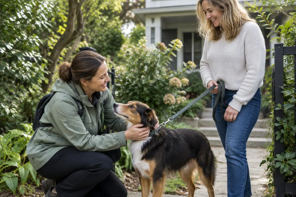 Dog owner introducing her dog to a walker during a calm meet and greet