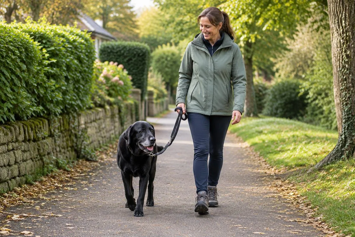 Older black labrador enjoying a gentle neighbourhood walk on lead