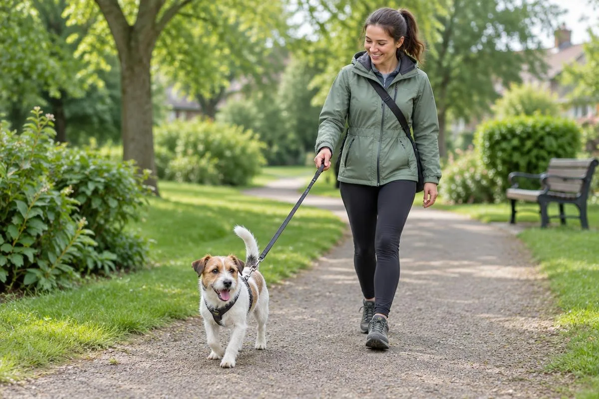 Small young terrier walking safely on lead through a local park